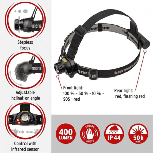 Rechargeable LED head torch with optional manual on off or contactless via infrared sensor