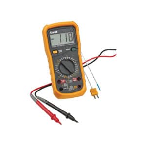 4501155 - 5016086240273 - Clarke CDM45C 11 Function Digital Multimeter with Temperature Probe. Picture of this product from the front and showing the probes that are included