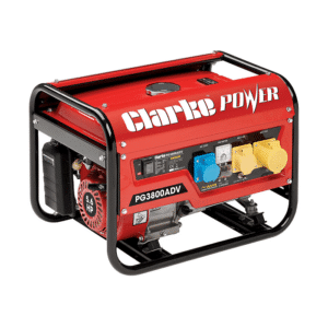 8857854 - 5016086251347 - Clarke PG3800ADV EURO5 3kVA Open Frame Dual Voltage 230 110V Petrol Generator. Picture of the generator at a slight angle