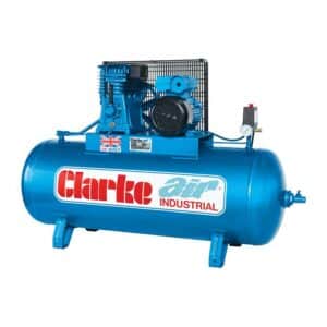 Clarke XE15/150 (OL) 14cfm 150 Litre 3HP Industrial Air Compressor (230V) - 2092250 - 5016086244592. Picture of the front at an angle so that you can see one of the sides too