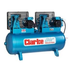 Clarke XE37/270 (OL) 36cfm 270 Litre 2x4HP Industrial Air Compressor (230V) - 2092370 - 5016086244653. A picture of the front of this Industrial Electric Air Compressor
