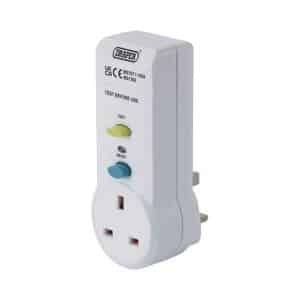 Draper RCD Adaptor 220-250V 50Hz 13 AMP - 10205 - 5059482041211. Picture of this Draper RCD Adaptor plug from the front and side.