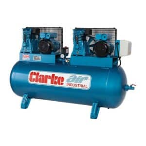 Clarke XE29/270 (OL) 28cfm 270 Litre 2x3HP Industrial Air Compressor (230V) - 2092350 - 5016086244646. A picture of this compressor from the front at a slight angle