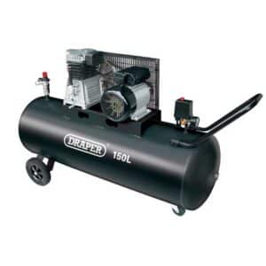 Draper 150L Belt-Driven Air Compressor, 2.2KW/3HP - Stock No. 55305 - Part No. DA150/369M. Picture of the front at an angle that shows the main features